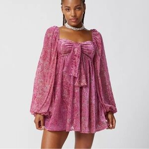 NWT For Love & Lemons Pink Paisley Tie-Front Mini Dress